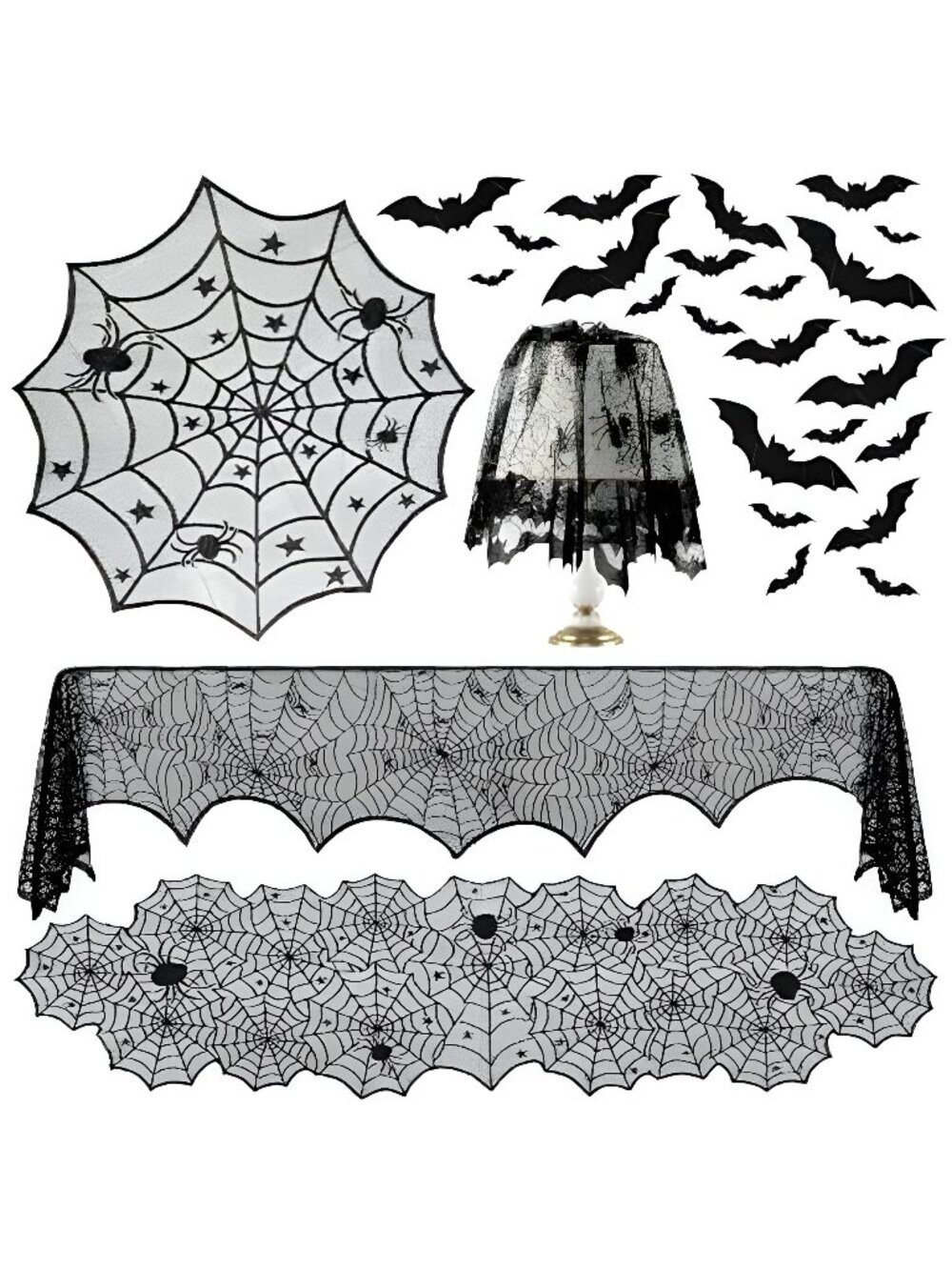 36 Pack Halloween Decorations Set, Black Lace Spiderweb Round Tablecloth,